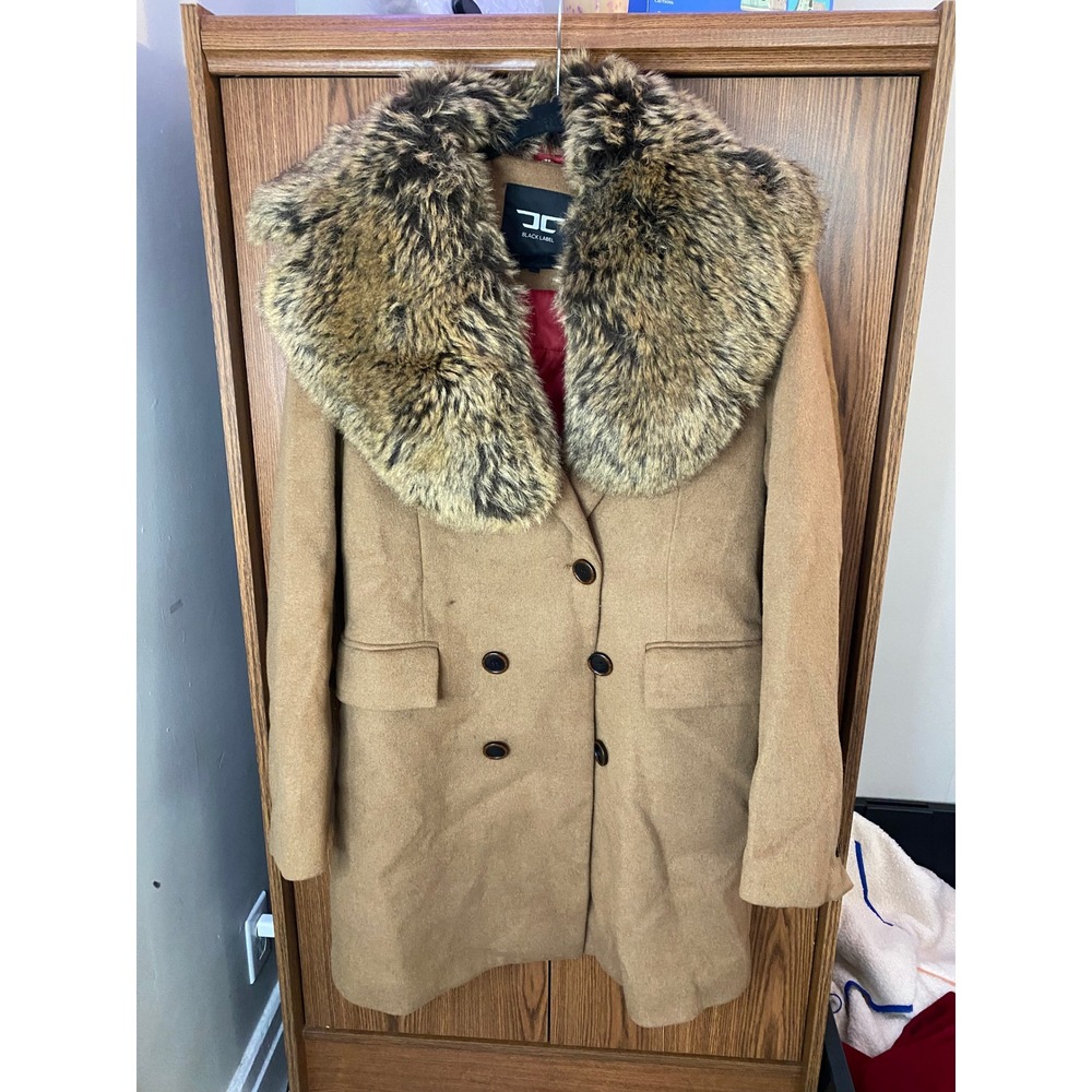 JC‎ Black Label Wool Blend Coat Womens Medium Camel Faux Fur Collar